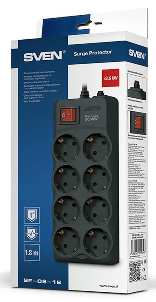 купить Фильтр электрический Sven SF-08-16, 8 Sockets, 3.0m, Black в Кишинёве 