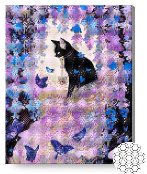 cumpără Tablou pe numere Art Gallery GA87139 Mozaic cu diamante 40x50cm Motanul negru si fluturii în Chișinău 