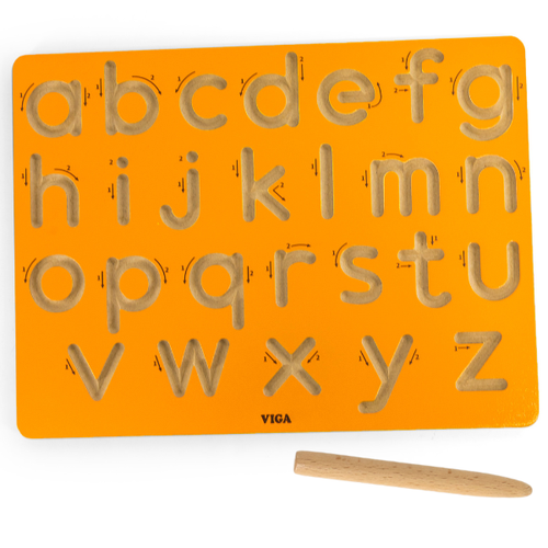 Tablă din lemn cu alfabet (litere mici) și indicator pentru scriere corectă VIGA 