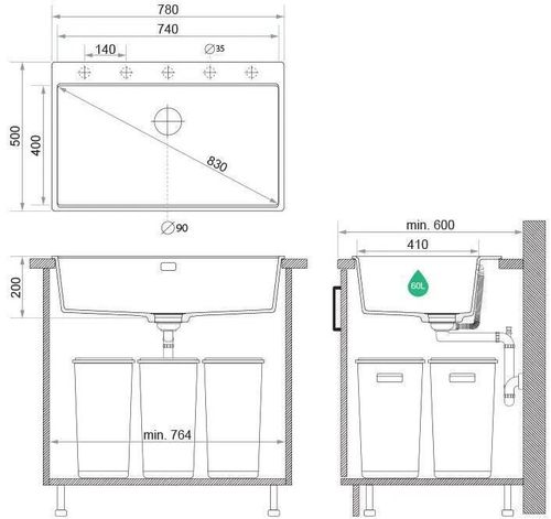 купить Мойка кухонная Primagran Oslo 80 Top Black + accesorii 530x780 MOMKC в Кишинёве 
