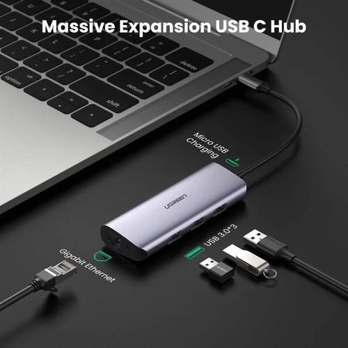 cumpără Adaptor de rețea USB Ugreen 60718 HUB 5in1 Ultra Slim Type-C to 3xUSB+RJ45+Type-C, Space Grey în Chișinău 