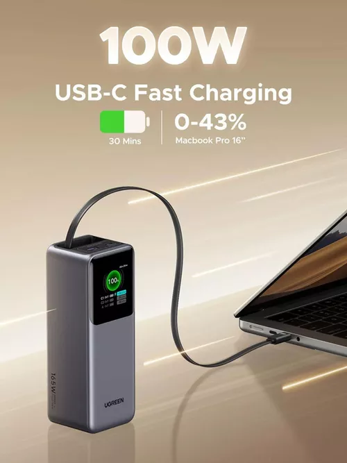 cumpără Acumulator extern USB (Powerbank) Ugreen 55987B, Nexode Flight Approved 20000mAh, 165W, with Retractable USB-C Cable, Grey în Chișinău 