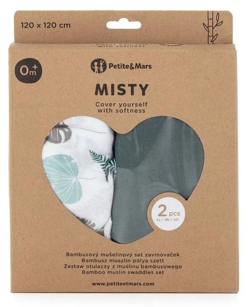 купить Аксессуар для пеленания Petite&Mars 417363 Set 2 paturele de muselina din bambus Misty Green Leaves, 120x120cm в Кишинёве 