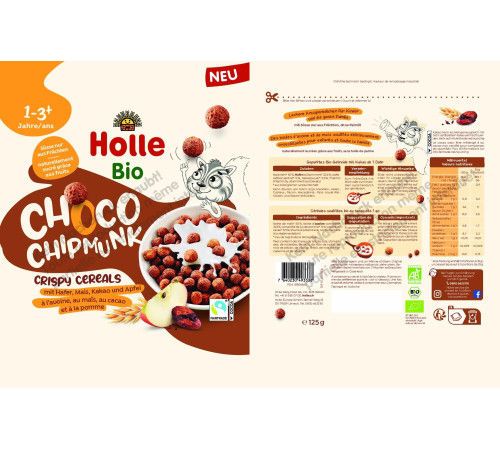 Cereale crocante Holle Bio "Choco Chimpunk" cu mere si cacao (12 luni+) 125 g 