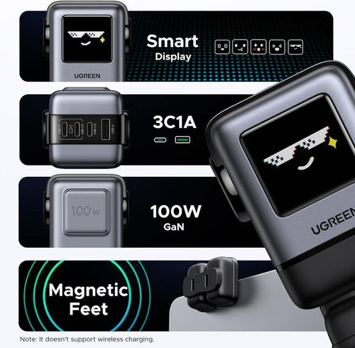 купить Зарядное устройство сетевое Ugreen 45515B Nexode Robot GaN Charger USB-A+2*USB-C 100W, Black в Кишинёве 