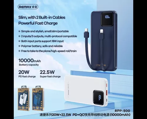 купить Аккумулятор внешний USB (Powerbank) Remax RPP-500 10KmAh PD+QC 20W+22,5W Dark Blue в Кишинёве 