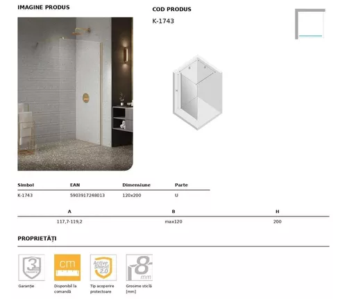 cumpără Cabină de duș New Trendy Perete dus Nesta Gold Brushed 8 mm 90x200 K-1743 în Chișinău 