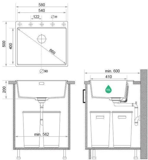 купить Мойка кухонная Primagran Oslo 60 Top Black metallic + accesorii 530x580 MONKM в Кишинёве 