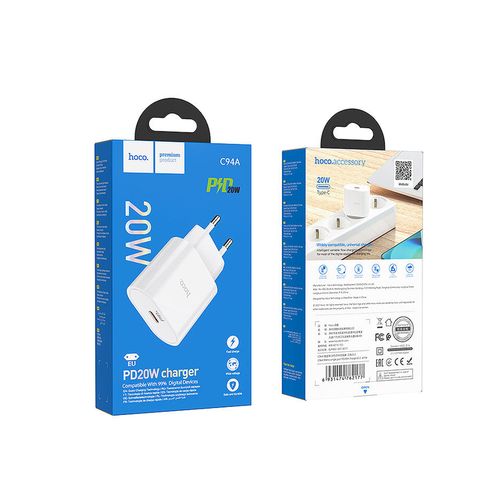 cumpără Incarcator de retea Hoco C94A Metro single port PD20W charger(EU) Type-C, white 762177 în Chișinău 