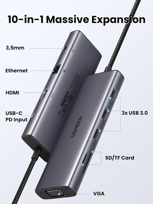 купить USB Hub Ugreen 15601 HUB 10 in 1 USB-C CM498, Space Gray в Кишинёве 