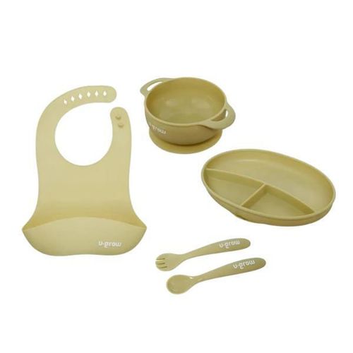 купить Посуда для кормления U-Grow UG-SET2OV Set diversificare 5 piese din silicon: bavetă, bol, farfurie, linguriță și furculiță, Olive в Кишинёве 