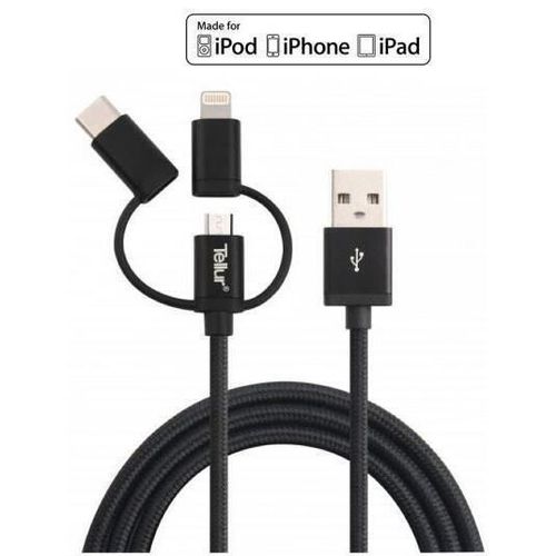 купить Кабель для моб. устройства Tellur TLL155291 3 in 1 USB - Micro USB + adaptor MFi Lightning + adaptor Type-C 1m, 3A, negru в Кишинёве 