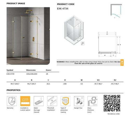 купить Душевая кабина New Trendy Eventa Gold Shine Rectangular R 100x100x200 cm 8mm EXK-4734 в Кишинёве 