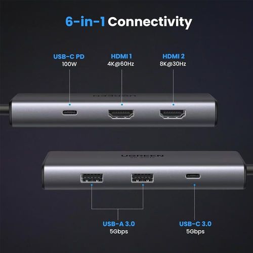 купить Переходник для IT Ugreen 15852 HUB 6in1 USB-C to 2*HDMI(8K@30Hz)+2*USB-A3.0+USB-C3.0+PD(100W), CM498, Space Gray в Кишинёве 