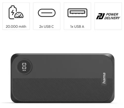 купить Аккумулятор внешний USB (Powerbank) Hama 201755 Power Pack 20000 mAh, 3 outputs: 2 x USB-C, 1 x USB-A, black в Кишинёве 