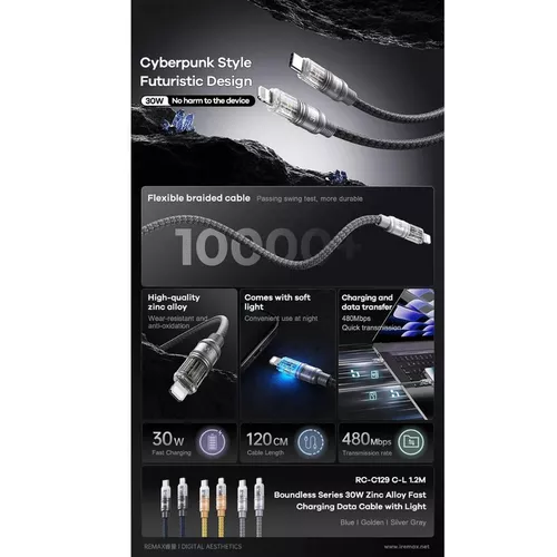 cumpără Cablu telefon mobil Remax RC-C129 30W C-L Silver Gray în Chișinău 