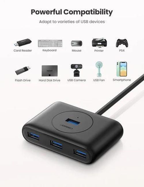 cumpără Adaptor de rețea USB Ugreen 20291 HUB 4in1 USB-A 3.0 to 4*USB-A 3.0, up to 5Gbps, 1m, CR113, Black în Chișinău 