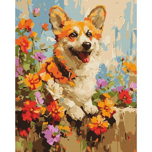 купить Картина по номерам Ideyka (KHO6616) A corgi in flowers, 30х40 в Кишинёве 