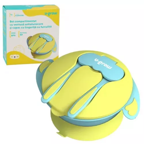 купить Посуда для кормления U-Grow A-1104BL Bol compartimentat cu ventuză și capac, Albastru в Кишинёве 