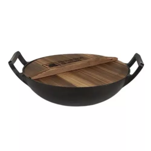 купить Казан Grill Master KZN-34CM WOK 6L din fonta, cu capac din lemn si fund plat в Кишинёве 