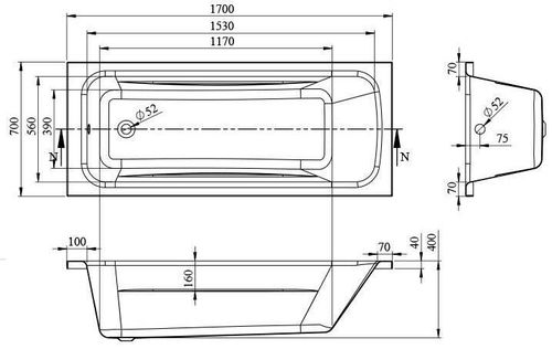 cumpără Cadă de baie Bonito Home Aralia 1700x700 acril, dreptunghiular în Chișinău 