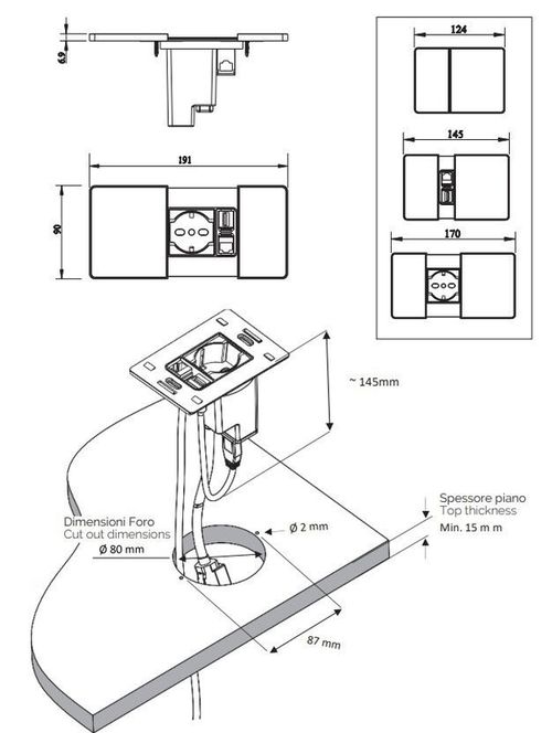 купить Розетка электрическая ASA Plastici 060.08F.00107 Versapad 1 socket F +1 USB 5V (A) + 1 USB 5V (C) Black в Кишинёве 