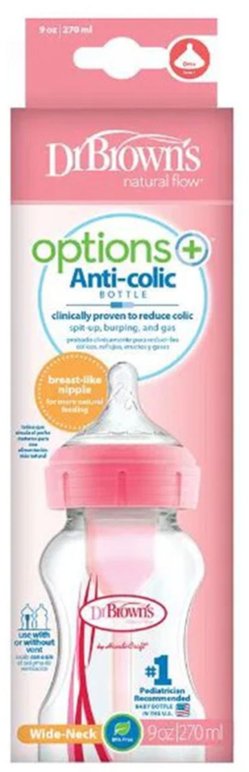 купить Поильник Dr. Brown's 072239318218 Biberon cu gat larg Options+ Roz, tetina nivel 1 (0-3 luni), 270ml в Кишинёве 
