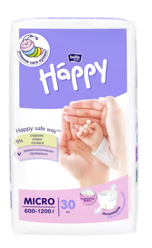 Подгузники для маловесных детей Bella Happy Micro (600-1200 г) 30 шт 