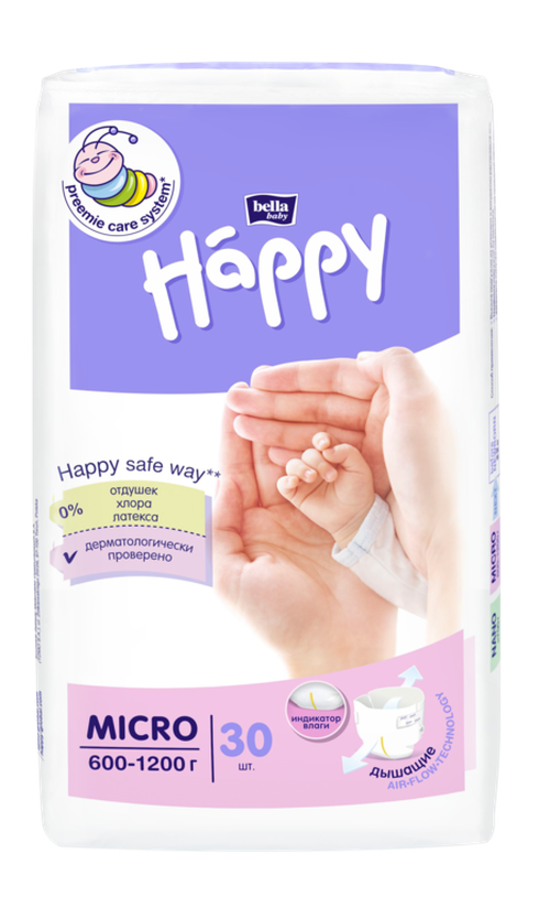 Подгузники для маловесных детей Bella Happy Micro (600-1200 г) 30 шт 