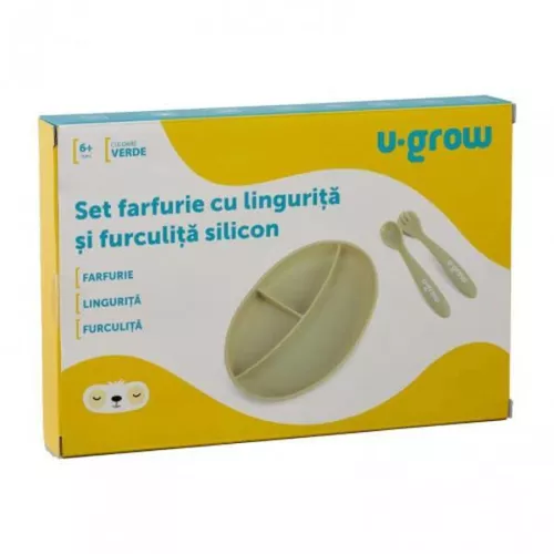 cumpără Seturi pentru hrănire bebelușilor U-Grow UG-SET9OV Set farfurie cu linguriță și furculiță din silicon, Olive în Chișinău 