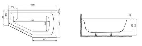 купить Ванна Polimat Selena 160x90 Right + suport (acryl asim.) в Кишинёве 