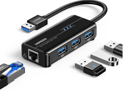 cumpără Adaptor de rețea USB Ugreen 20265 HUB 4in1 USB-A 3.0 to 3*USB-A 3.0 + RJ45 1Gbps, Black în Chișinău 