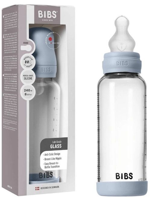 купить Поильник BIBS 50201231 Biberon din sticla anticolici Baby Blue cu tetina din silicon 3+ luni, 240ml в Кишинёве 