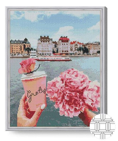 купить Картина по номерам Art Gallery QB205956 Mozaic cu diamante patrate 40x50cm Cafea si flori langa rau в Кишинёве 