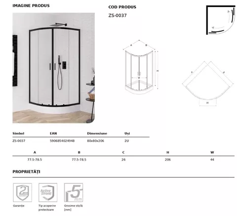cumpără Cabină de duș New Trendy Suvia Black Quadrant 80x80x206 ZS-0037 în Chișinău 