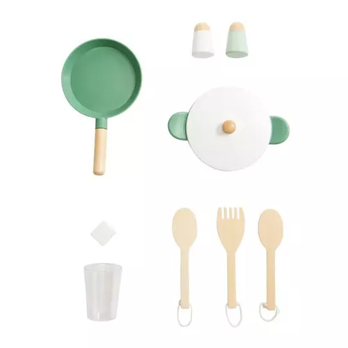 купить Игрушечная кухня и посуда Premaman PJQKDA-CCC-UNQ Bucatarie din lemn cu accesorii Verde в Кишинёве 