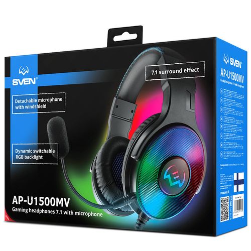 купить Cтереонаушники Gaming с микрофоном SVEN AP-U1500MV, Gaming Headphones with microphone, Surround sound 7.1, Dynamic Backlight, Passive noise reduction, 2.2m, USB, Black в Кишинёве 