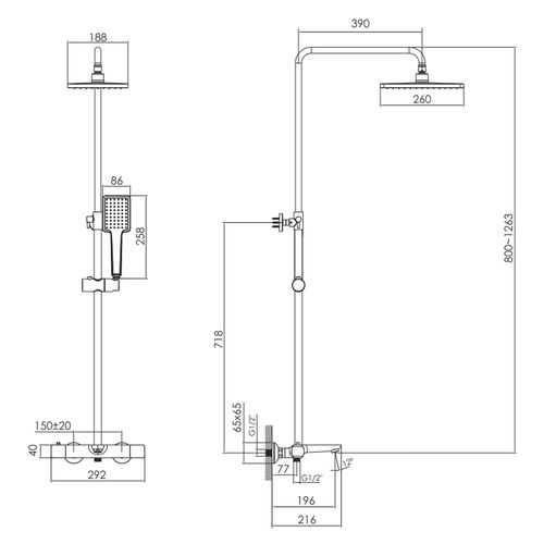 BILOVEC система душевая (смеситель-термостат для ванны, верхний и ручной душ, шланг полимер), черный мат (ванная) 