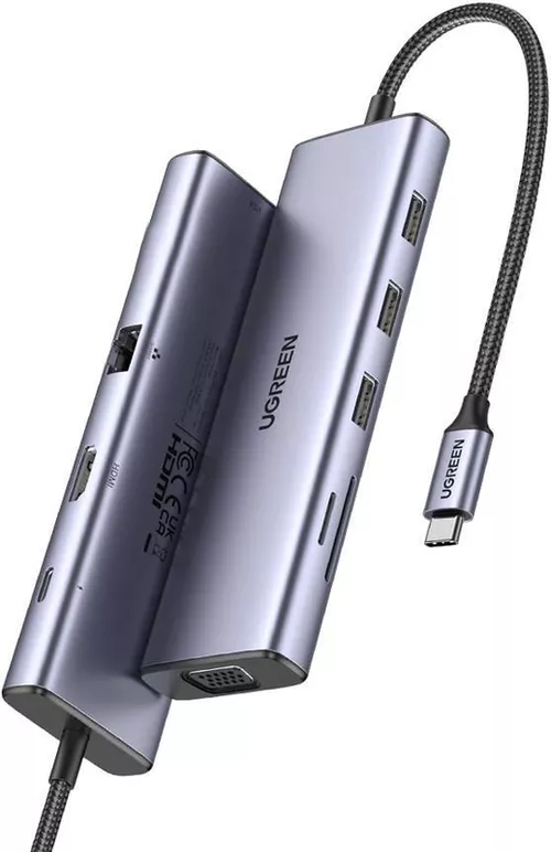 купить USB Hub Ugreen 15600 HUB 9in1 USB-C to HDMI (4K@60Hz) + VGA+ 3*USB-A 3.0 + Gigabit RJ45 +SD/TF + PD 100W | CM498, Grey в Кишинёве 