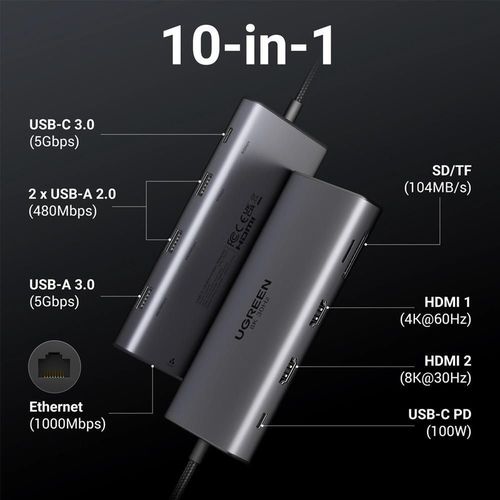 купить Переходник для IT Ugreen 15534 HUB 10in1 USB-C to 2*HDMI(8K@30Hz)+USB-A3.0+USB-C3.0+2*USB-A2.0+SD/TF+GigabitRJ45+PD(100W), CM639, Space Gray в Кишинёве 