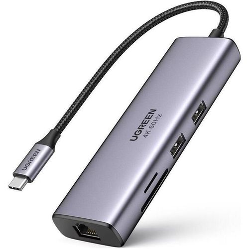 купить USB Hub Ugreen 90568 HUB 7in1 USB-C To 4K@60Hz HDMI + 2*USB-A 3.0 + RJ45 Gigabit + SD/TF Card Slot + PD 100W | CM512, Grey в Кишинёве 