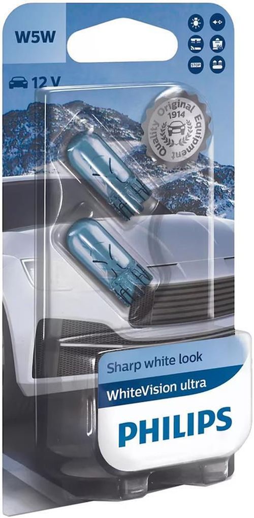 купить Автомобильная лампа Philips W5W WhiteVisionUltra +60% 3300K 12V 5W W2,1x9,5d BL (2 buc) (12961WVUB2) в Кишинёве 