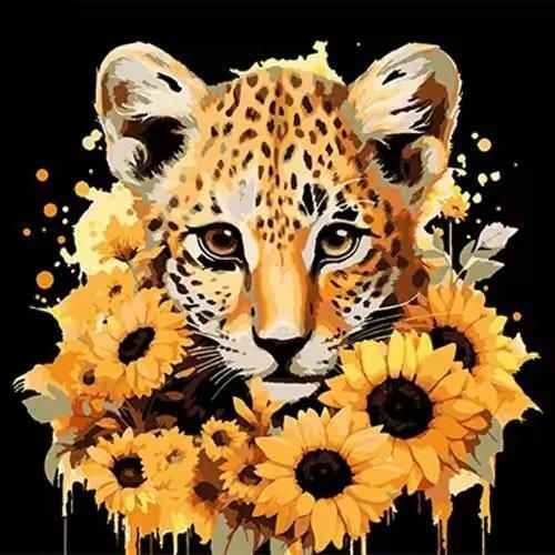 cumpără Tablou pe numere Strateg 58055 Leopard si floarea-soarelui aurie 30x30cm (fundal negru) în Chișinău 