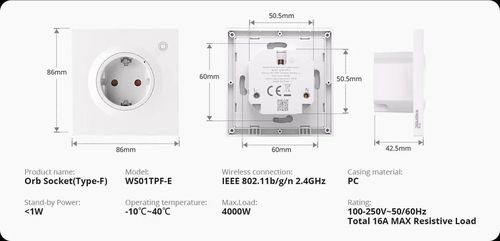 купить Розетка электрическая Sonoff Matter Over Wi-Fi Orb Wall Socket (WS01TPF-E), White в Кишинёве 