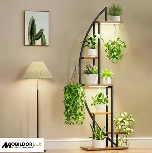 купить Подставка для цветов Mobildor-Lux Suport pentru plante Semilună cu iluminare, MDF/metal (negru/nuc) в Кишинёве 