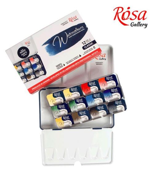 купить Набор для творчества Rosa Gallery 3403112 Set de vopsele acuarele Classic, cutie metalică, Indigo, 12 culori в Кишинёве 