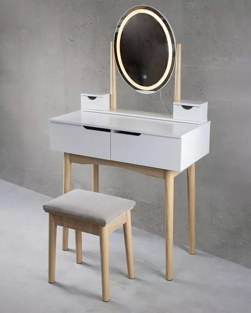 купить Стол Jumi CM-920439 Туалетный столик с банкеткой и овальным зеркалом со светодиодной подсветкой (140x80x40 см), белый/бежевый в Кишинёве 