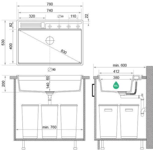 купить Мойка кухонная Primagran Oslo 80 Pocket Multilevel Black + accesorii 530x780 MOHKC в Кишинёве 
