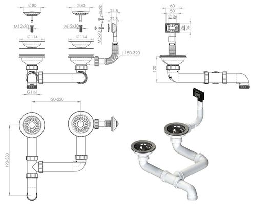 купить Сифон для кухонной мойки Helika-AquaSanita AQF-005V Stainless Steel + Plastic в Кишинёве 