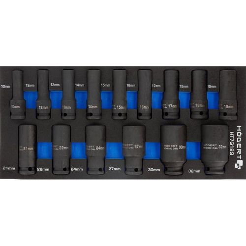 купить Набор головок, бит, насадок Hoegert HT7G129 головоки ударные глубокие 6гр., 10-32 мм, 15 предм. в Кишинёве 